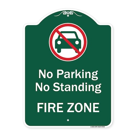 Signmission No Parking Or Standing Fire Zone W/ Graphic Heavy-Gauge Aluminum Sign, 24" x 18", GW-1824-9958 A-DES-GW-1824-9958